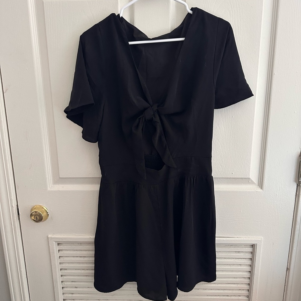 Amazon Black Short Sleeve Tie-Front Jumpsuit Romper